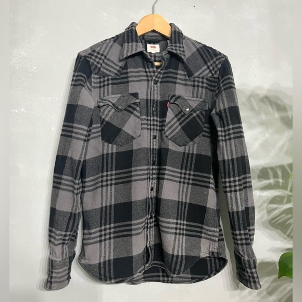 LEVI’S | Western Barstow plaid shirt - grey black snap button pockets - small